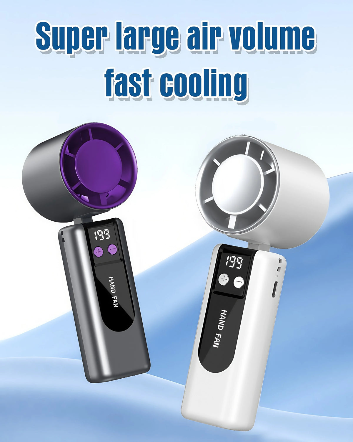 A portable semiconductor cooling fan is shown with a purple fan head and a white body, demonstrating super large air volume f