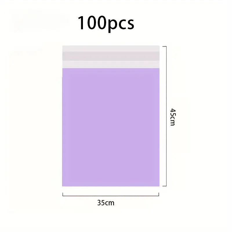A rectangular purple waterproof self-adhesive courier mailer bag with a white top edge and a 35cm width.