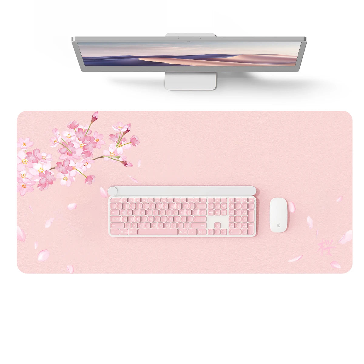 A pink floral desk mat featuring a laptop stand, keyboard, and mouse.