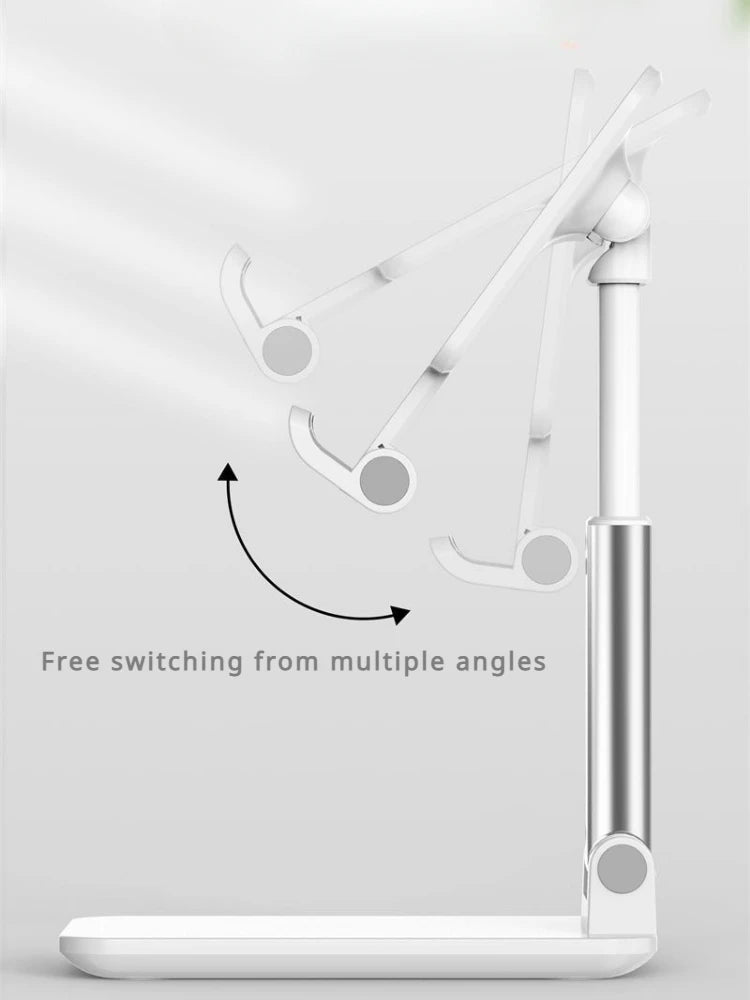 A white foldable adjustable phone holder stand demonstrating free switching from multiple angles.