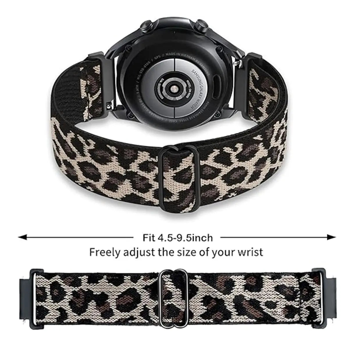 A black watch with a leopard print silicone sports band is shown on a white background.
