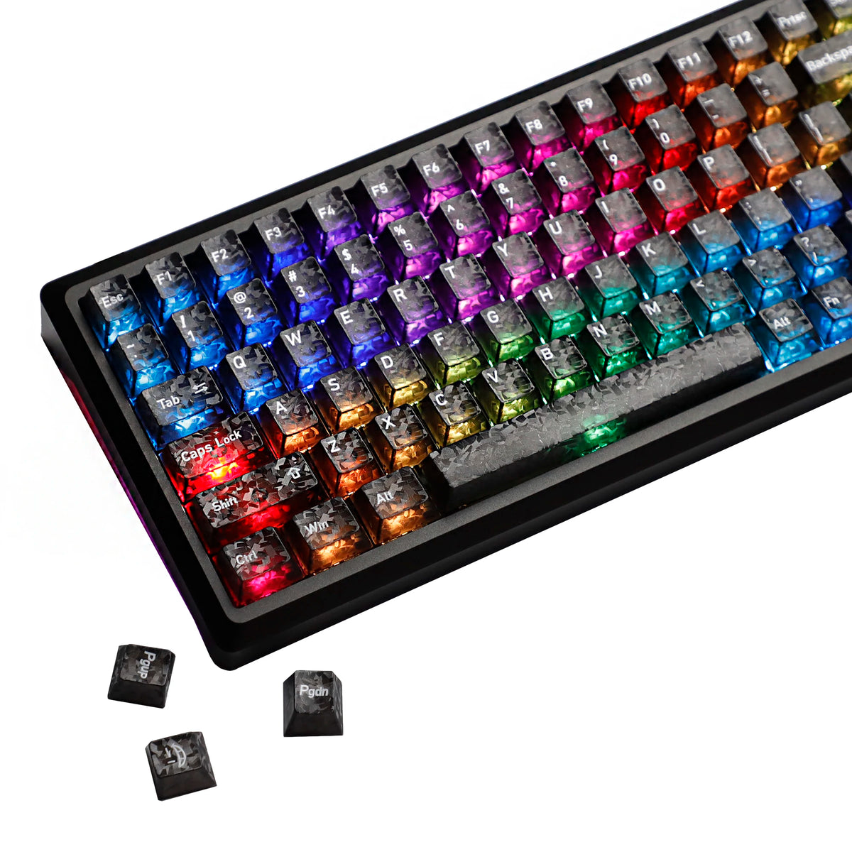 A close-up view of a black mechanical keyboard with colorful carbon fiber texture keycaps and switches.