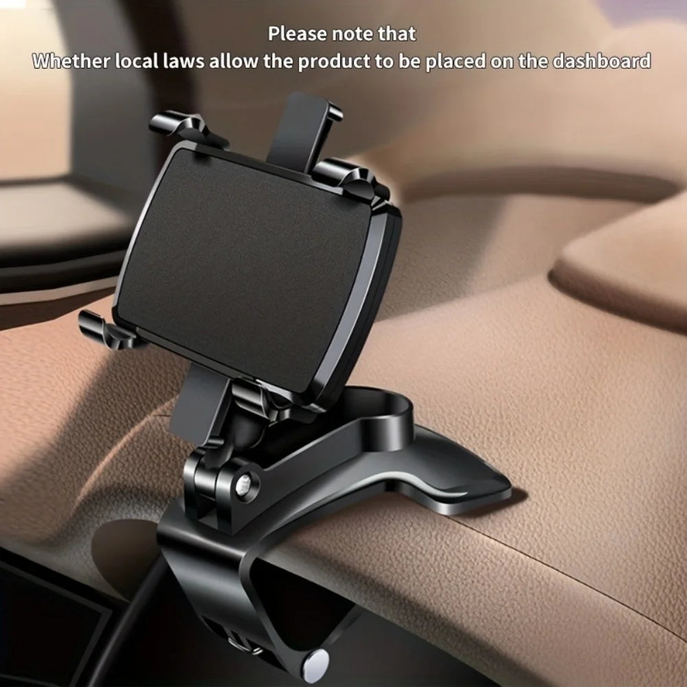 A black 360 degree universal car phone mount is shown attached to a car dashboard.