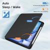 A black protective case is shown demonstrating auto sleep and wake features for an iPad.