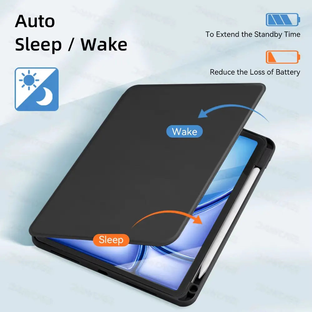 A black protective case is shown demonstrating auto sleep and wake features for an iPad.