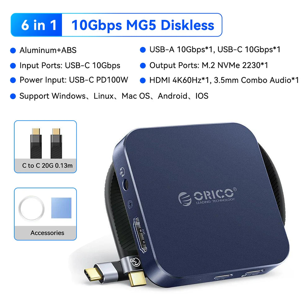 A dark blue 6 in 1 magnetic diskless adapter featuring various ports and accessories.