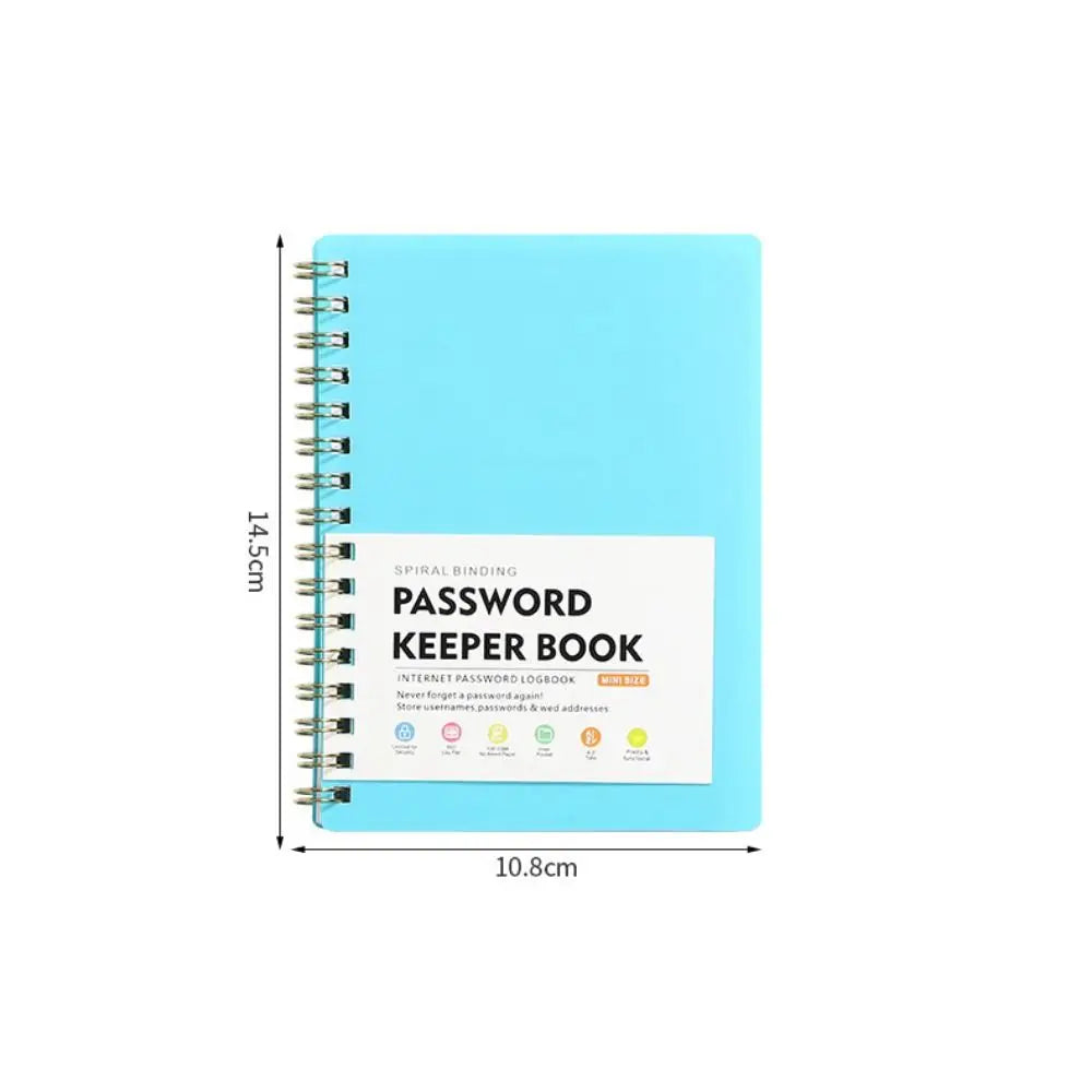 A light blue spiral-bound password keeper notebook with alphabetical tabs.