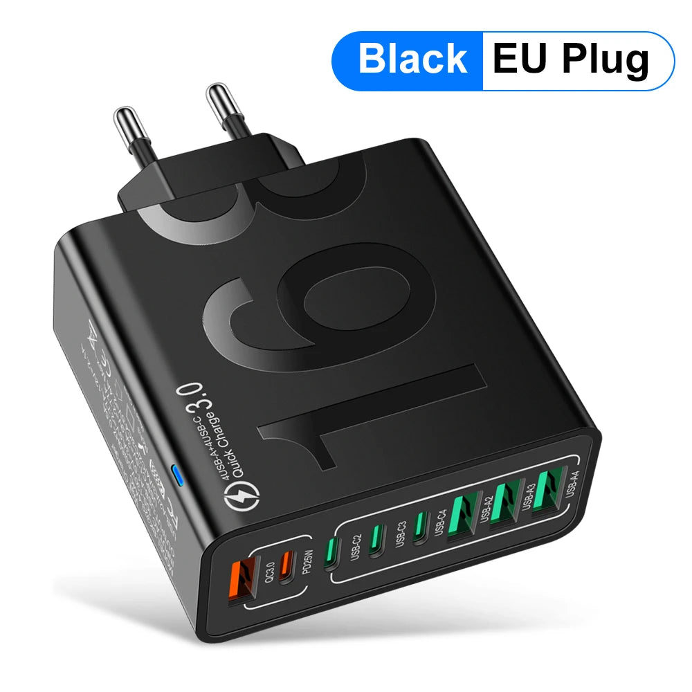 A black multi-port fast charging adapter with an EU plug and multiple USB ports.