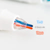 Close-up of a line marker pen tip showing two colors, blue and orange, on a white background.