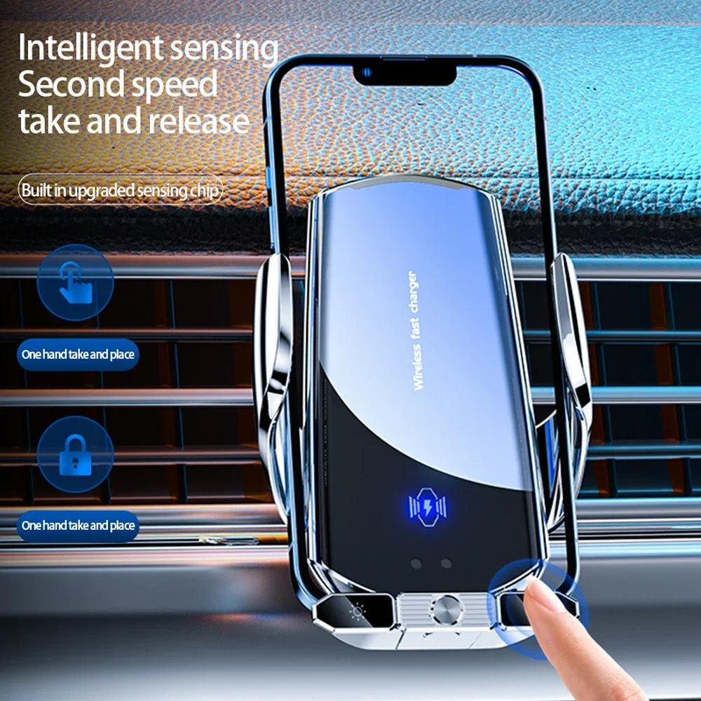 A silver wireless car phone mount holding an iPhone, demonstrating a second speed take and release feature.