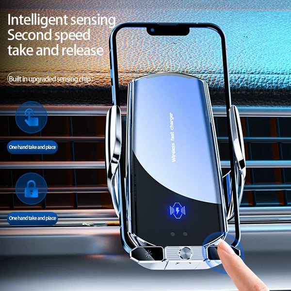 A silver wireless car phone mount holding an iPhone, demonstrating a second speed take and release feature.