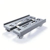 A silver adjustable mobile CPU stand with slots and caster wheels.