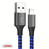A pair of black Lightning cables, one USB-C to Lightning and one Lightning to Lightning, with blue braided connectors.