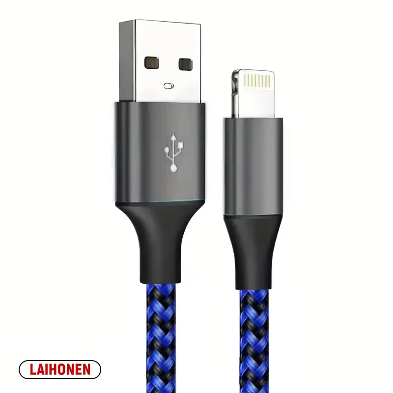 A pair of black Lightning cables, one USB-C to Lightning and one Lightning to Lightning, with blue braided connectors.