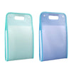 A light mint green accordion file organizer with a clear plastic pocket and a blue translucent pocket.