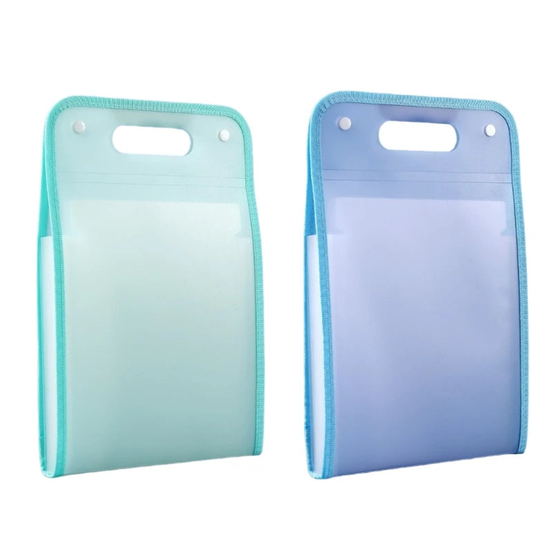 A light mint green accordion file organizer with a clear plastic pocket and a blue translucent pocket.