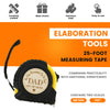 A black and yellow 25-foot measuring tape with a leather-like handle, featuring scales for meters and feet.