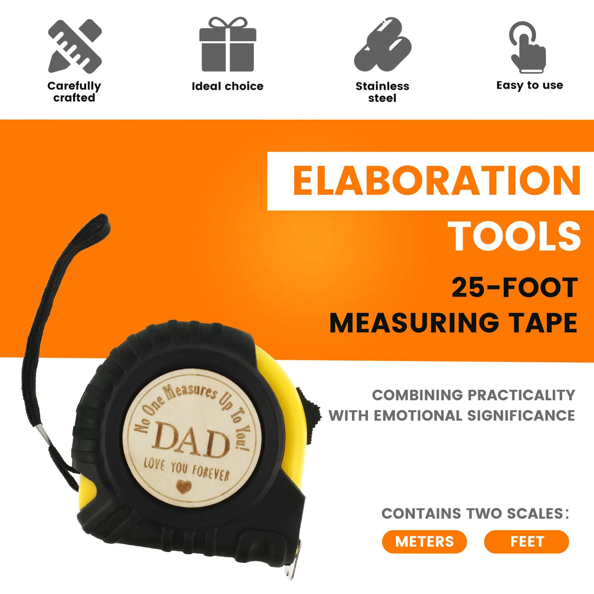 A black and yellow 25-foot measuring tape with a leather-like handle, featuring scales for meters and feet.