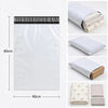 A white self-adhesive courier mailer bag with a black patterned top, shown next to rolled and flat versions.