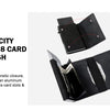 A black leather wallet with a magnetic closure and card slots is shown, highlighting its high capacity for cards and cash.