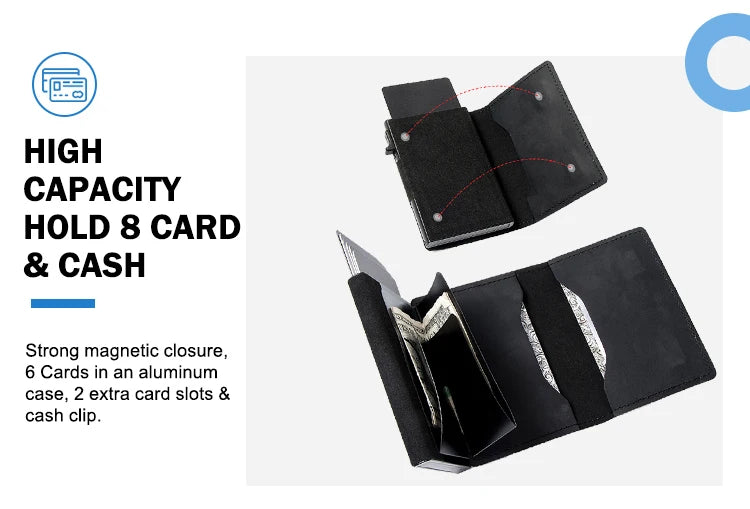 A black leather wallet with a magnetic closure and card slots is shown, highlighting its high capacity for cards and cash.