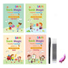 A set of three SANK Magic practice copybook workbooks for preschoolers covering alphabet, number, and math skills.