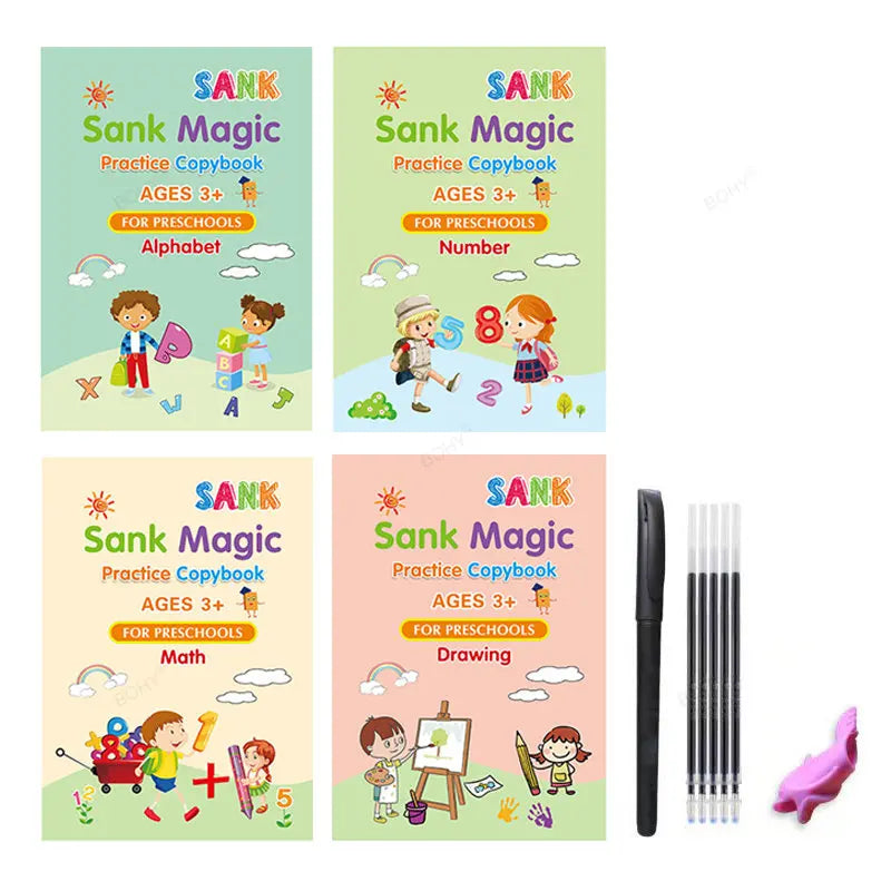 A set of three SANK Magic practice copybook workbooks for preschoolers covering alphabet, number, and math skills.