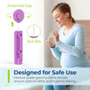 A close-up of a purple protective cap and sterile lancets for medical testing, shown next to a woman.