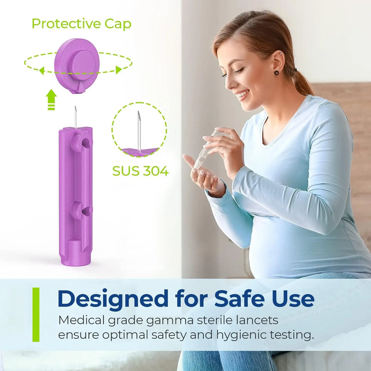 A close-up of a purple protective cap and sterile lancets for medical testing, shown next to a woman.