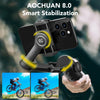 A smartphone mounted on an AOCHUAN 8.0 smart stabilization gimbal, demonstrating its use for filming sports.
