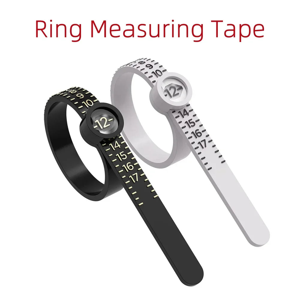A black ring measuring tape is shown next to a silver ring with markings for sizing.
