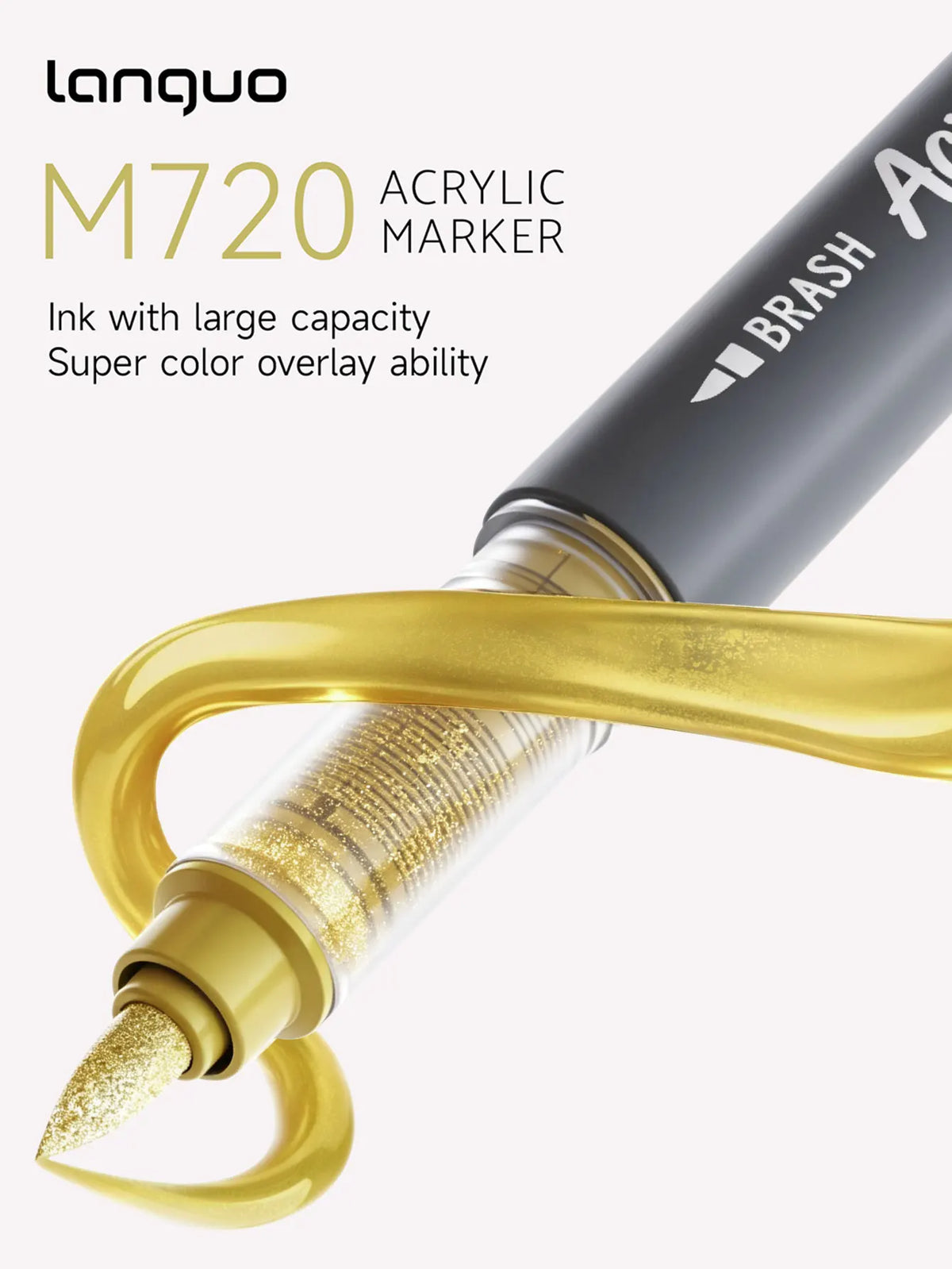 A close-up of a Languo M720 acrylic marker pen with a gold barrel and tip, showing the ink applicator.