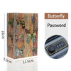A wooden box with a butterfly design and a password lock mechanism.
