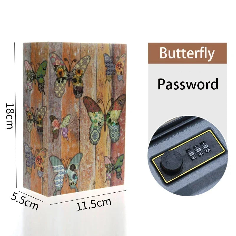 A wooden box with a butterfly design and a password lock mechanism.