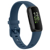 A dark blue silicone replacement strap for a Fitbit Inspire series watch displaying the time 12:58 and date Wednesday the 27t