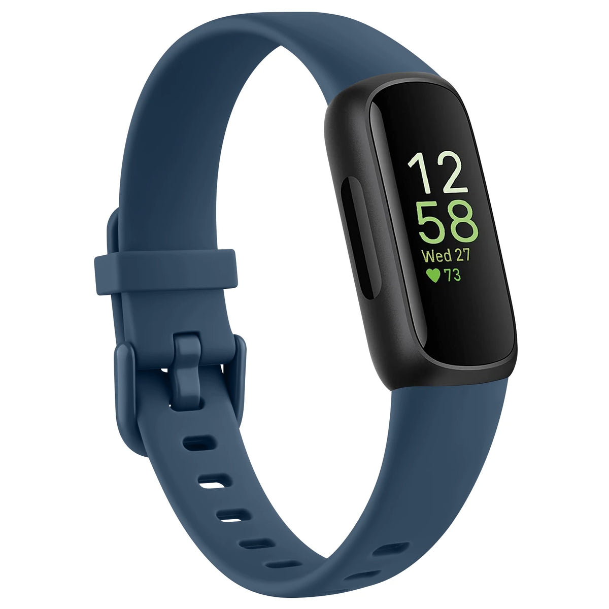 A dark blue silicone replacement strap for a Fitbit Inspire series watch displaying the time 12:58 and date Wednesday the 27t