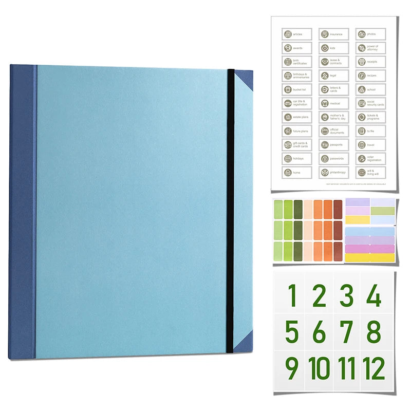A light blue expanding accordion document organizer file folder with a black spine and color-coded tabs.