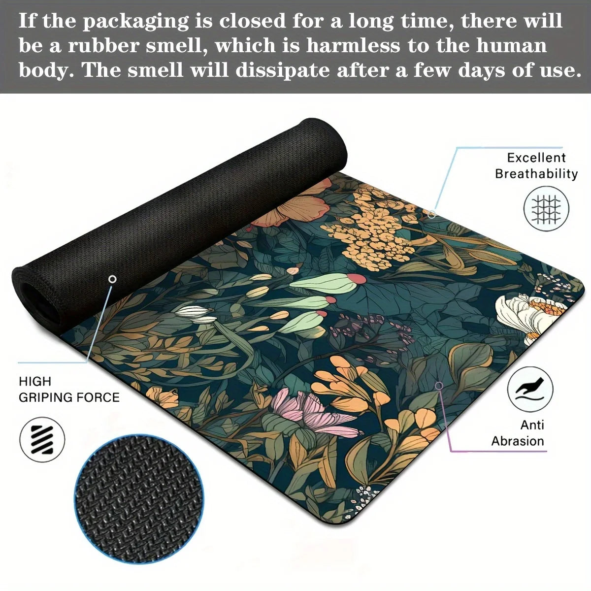 A dark floral design mouse pad with a non-slip rubber base, showing features like breathability and anti-abrasion.
