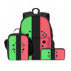 Rosa und grün gestreifter Rucksack mit passender Handyhülle und Accessoiretasche.