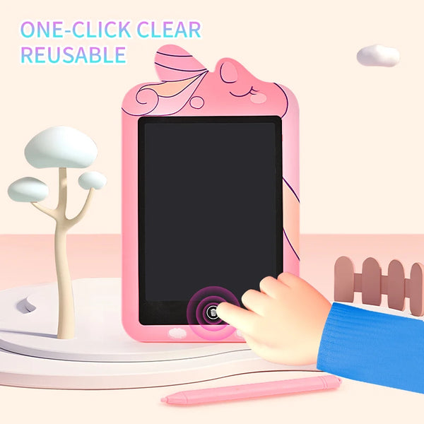 A pink LCD drawing tablet is being held by a hand, demonstrating its use for creative activity.