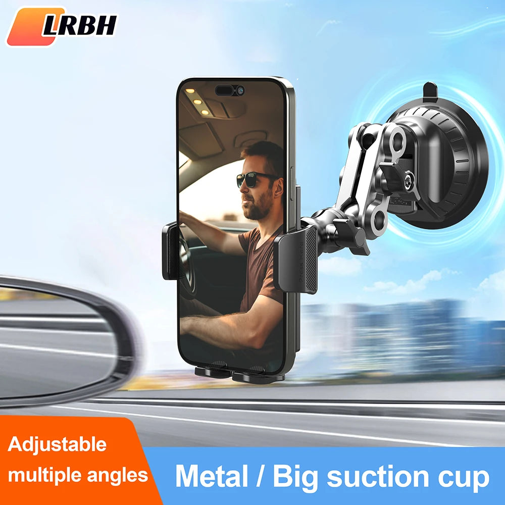 A phone is mounted on a metal suction cup car mount with an articulating arm, showing a man looking out the window.