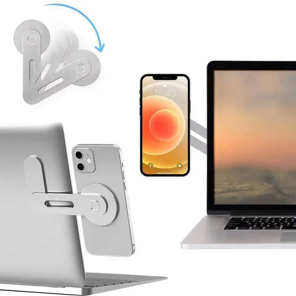 Klappbare magnetische Halterung, die ein Smartphone und einen Laptop hält.