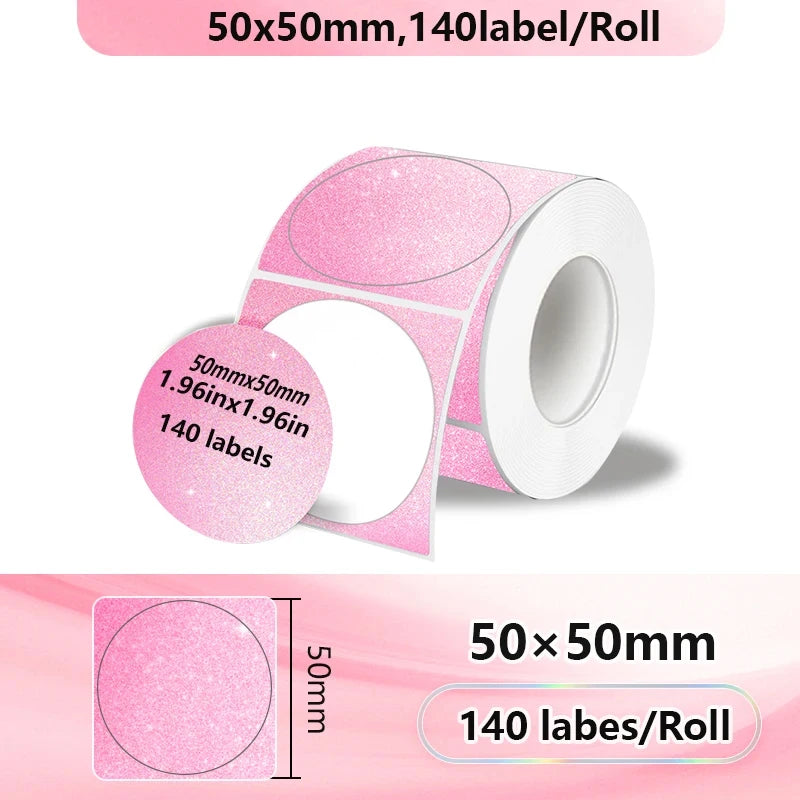 Rollo de etiquetas térmicas autoadhesivas de glitter rosa, medidas 50x50mm con 140 etiquetas por rollo