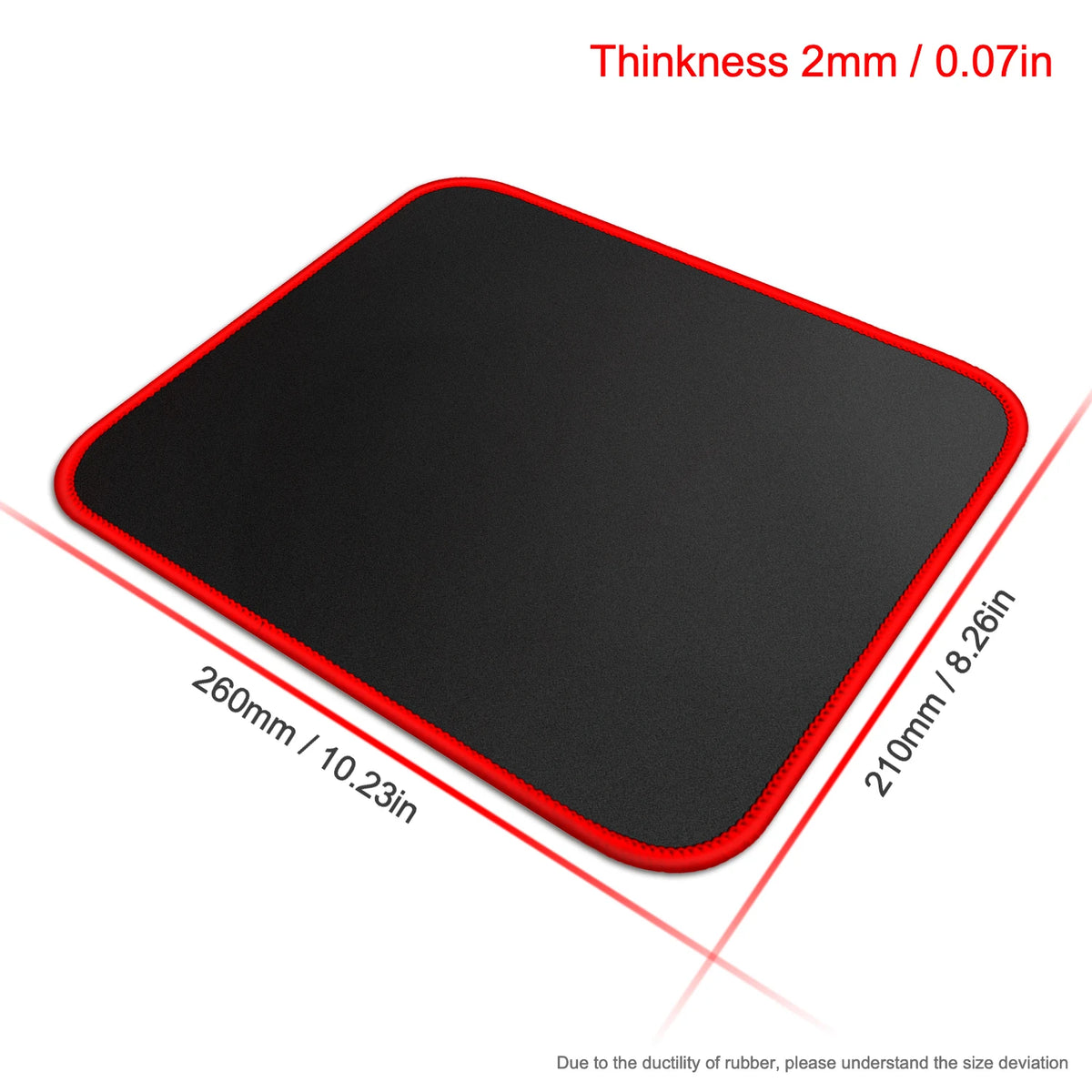 Black gaming mouse pad with a red stitched edge shown from above.