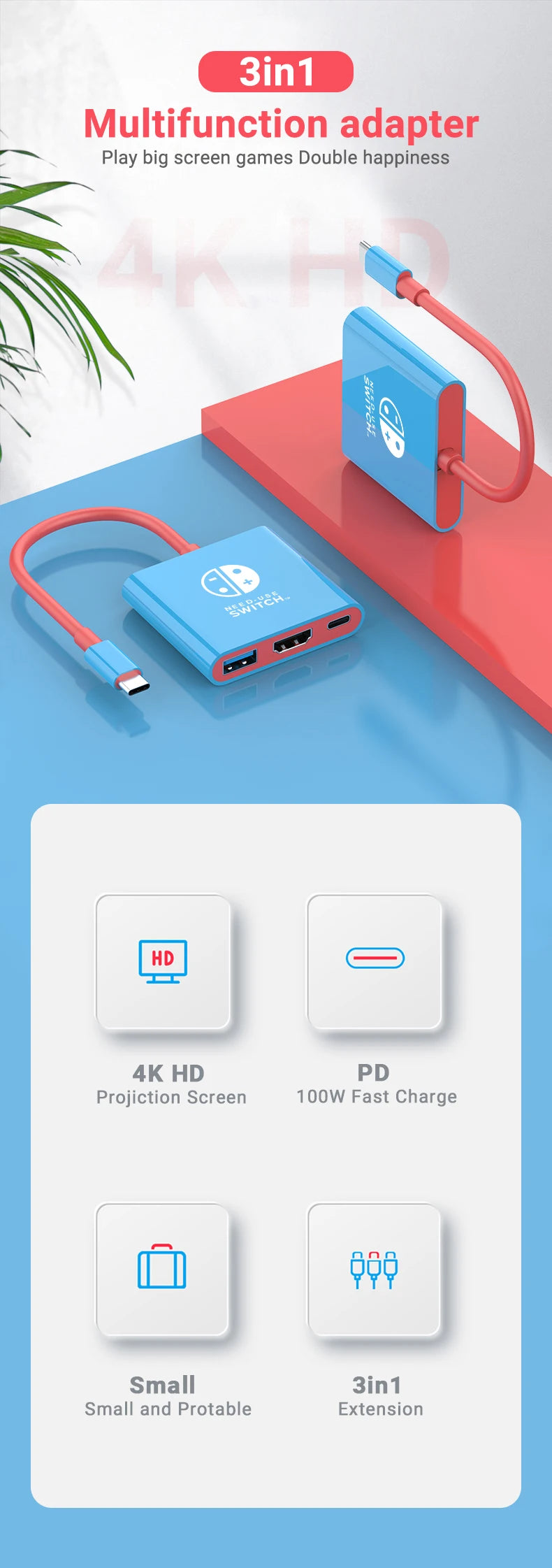 A blue multifunction adapter with HDMI and USB-C ports is shown next to a projection screen.