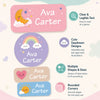 Premium Namenschilder mit Ava Carter Personalisierungsoptionen wie Mond, Regenbogen, Herz und Sonne.