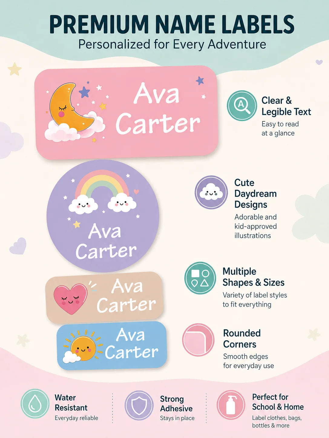 Premium Namenschilder mit Ava Carter Personalisierungsoptionen wie Mond, Regenbogen, Herz und Sonne.