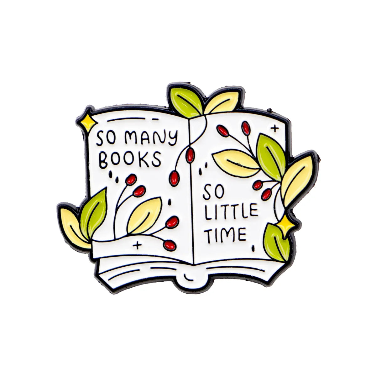 An enamel lapel pin shaped like an open book with leaves and text reading So Many Books So Little Time