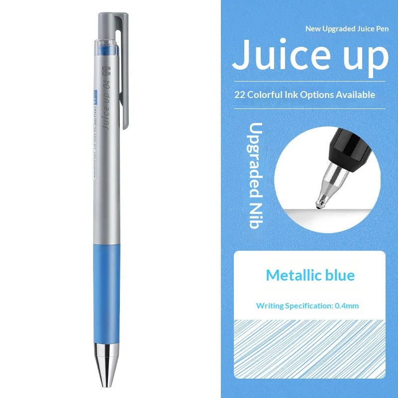 A silver and blue Pilot Juice Up fine point gel pen with a metallic blue ink option displayed next to product information.