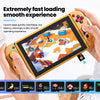 A hand holds a portable device demonstrating extremely fast loading and smooth operating experience.